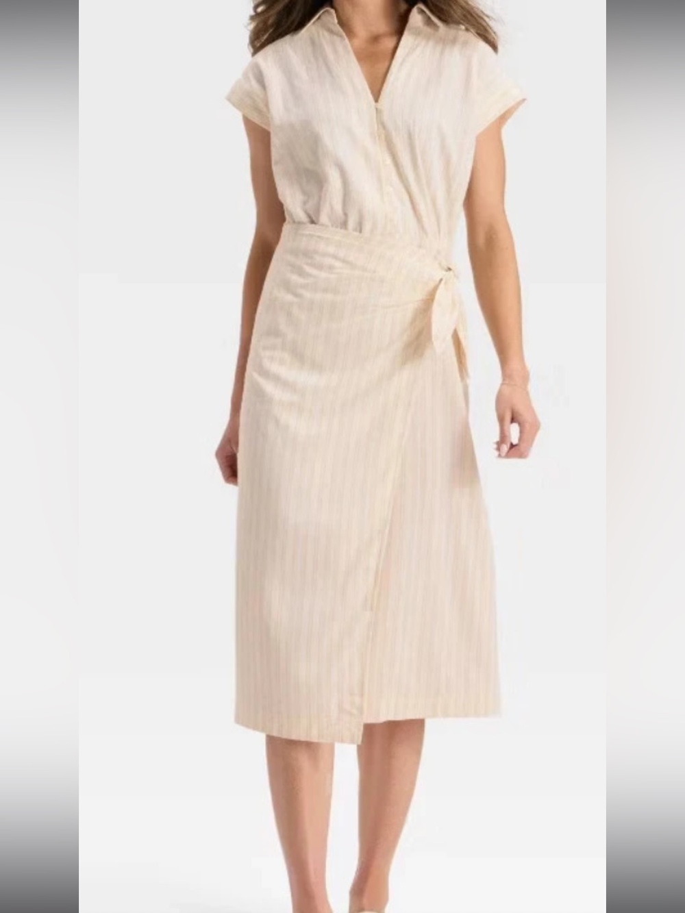 Universal Thread Wrap Waist Midi Shirtdress Cream Pinstripe XL